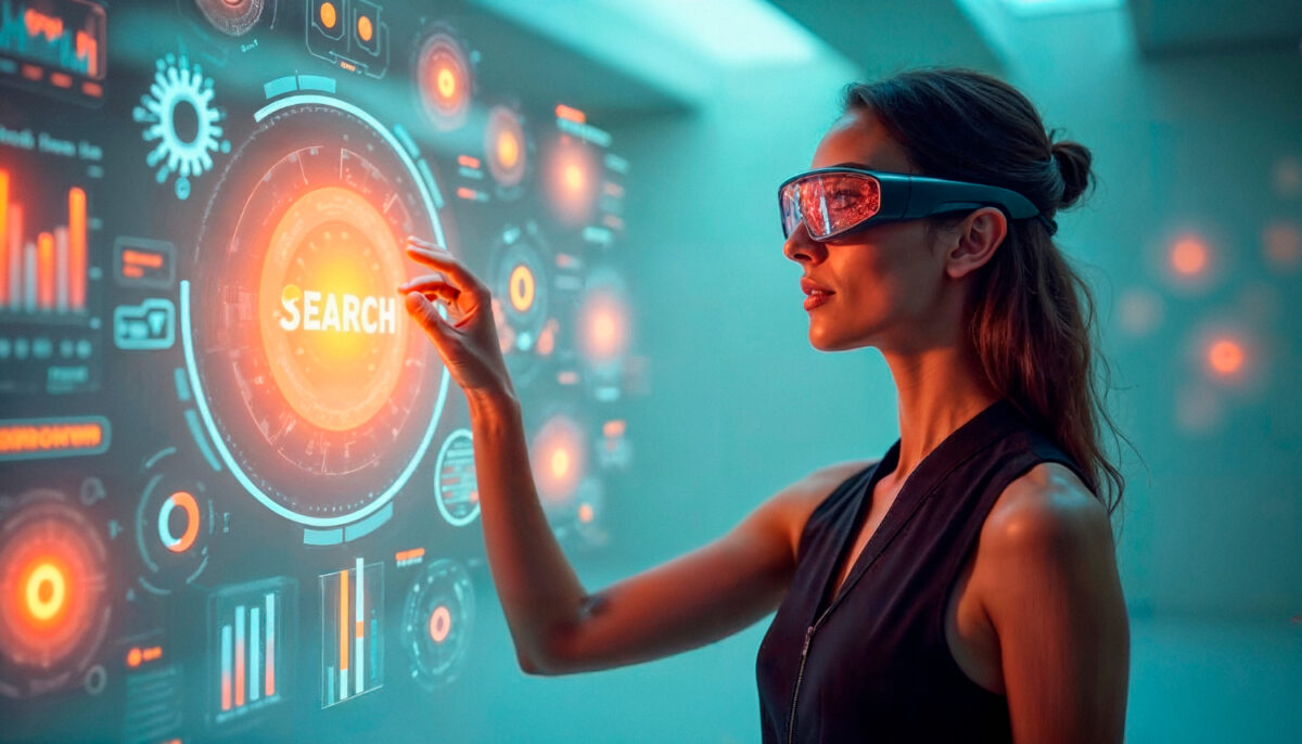 Femme portant des lunettes de réalité augmentée touchant un bouton « Search » sur une interface holographique futuriste