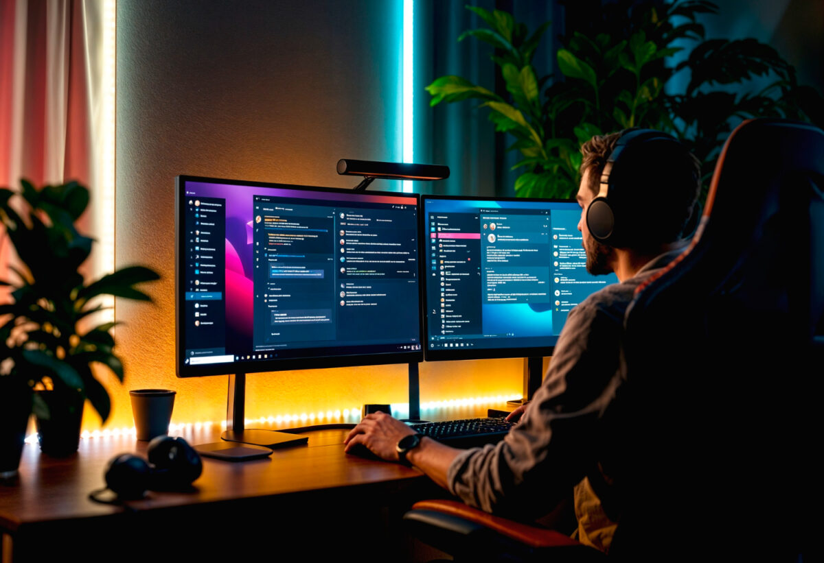 Homme avec casque audio travaillant sur deux écrans affichant une interface de messagerie, dans un bureau éclairé par des LED colorées