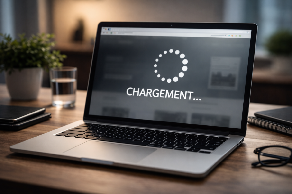 Ordinateur portable affichant un écran de chargement avec l'indicateur circulaire et le texte « CHARGEMENT… »