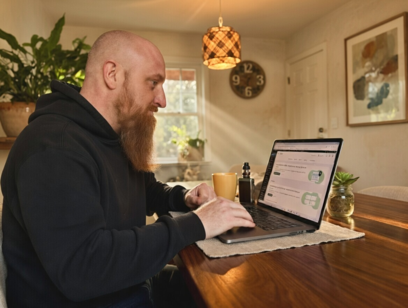 Homme travaillant sur un ordinateur portable à une table en bois chez lui, avec une tasse de café à côté de lui