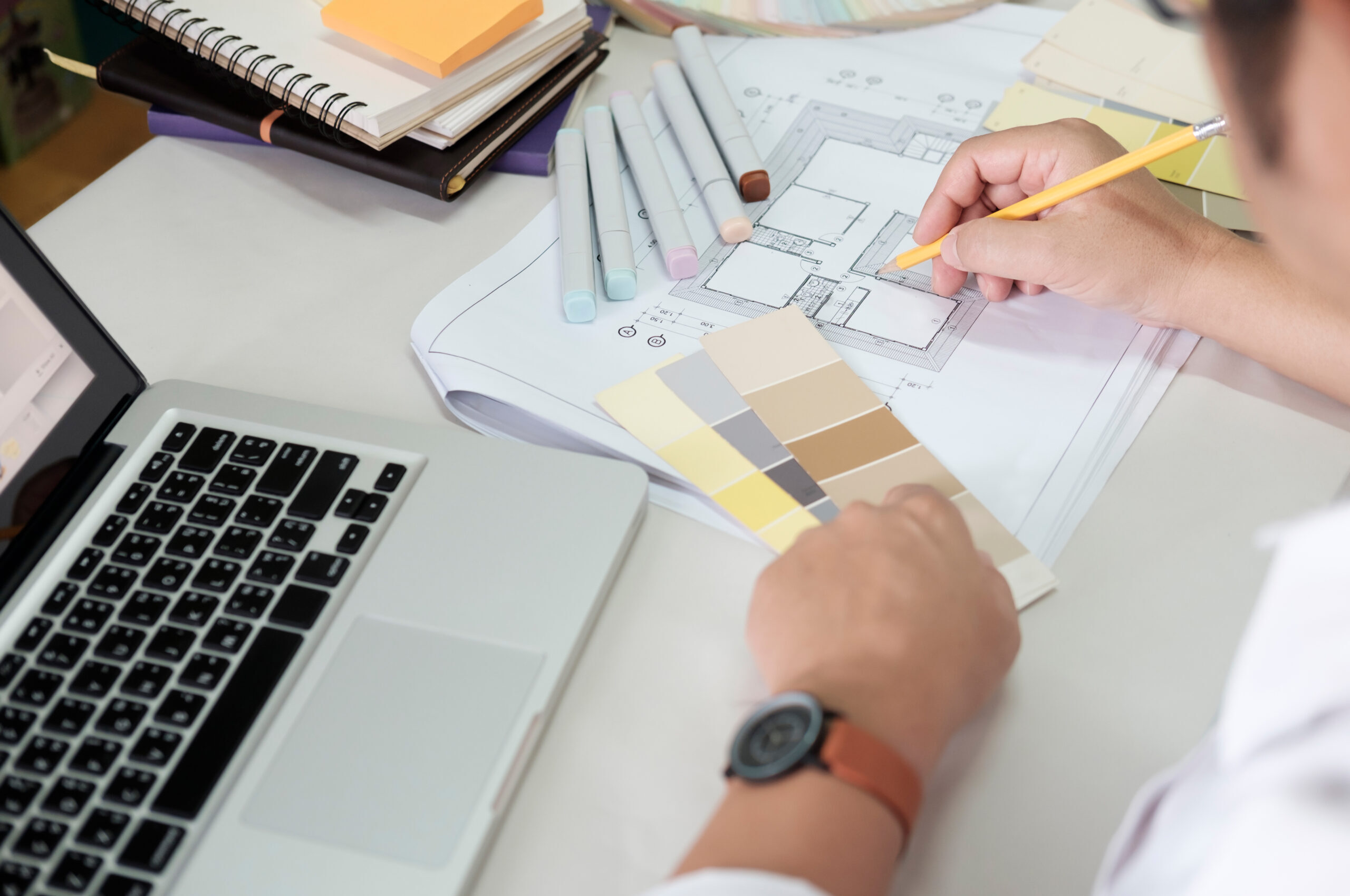graphic design color swatches pens desk architectural drawing with work tools accessories scaled e1778170788164