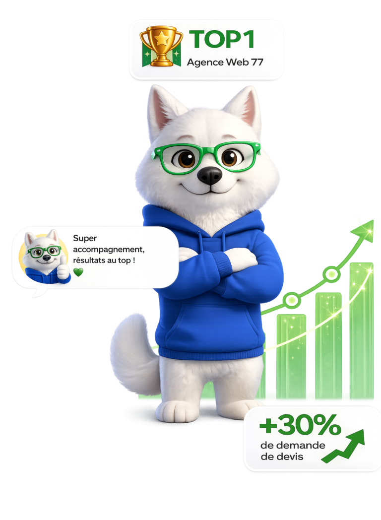 Mascotte de l'agence web 77, classée TOP 1, avec un graphique en hausse et +30% de demandes de devis