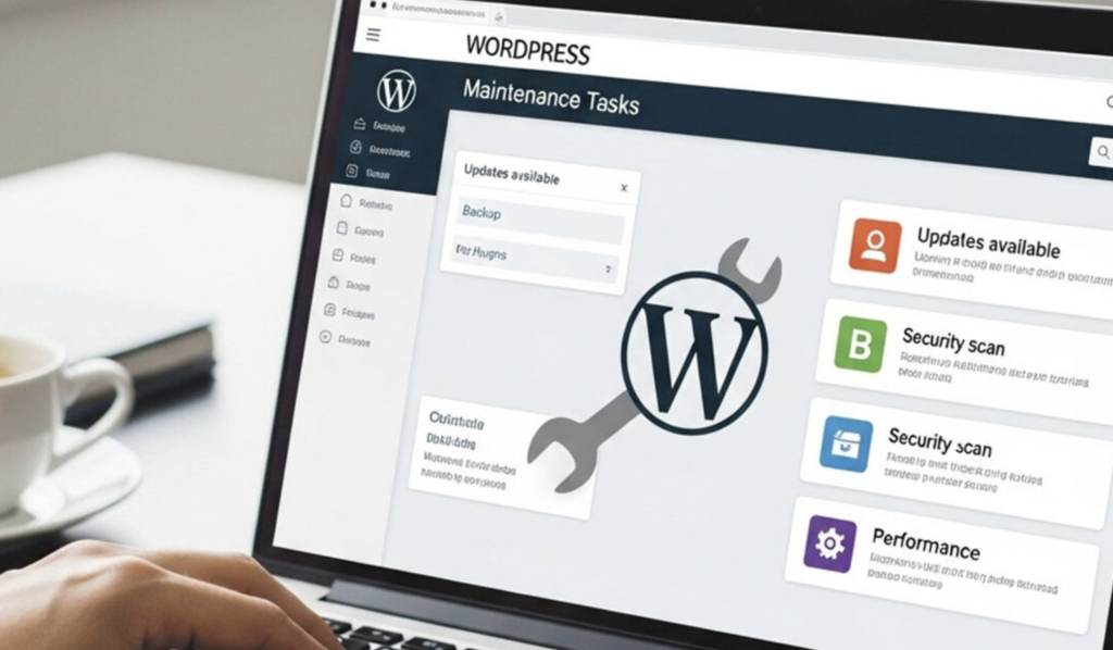 Tableau de bord WordPress affichant les tâches de maintenance : mises à jour disponibles, sauvegardes, analyses de sécurité et performances