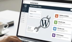 Tableau de bord WordPress affichant les tâches de maintenance : mises à jour disponibles, sauvegardes, analyses de sécurité et performances