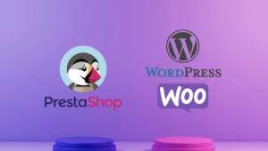 Logos de PrestaShop et WordPress WooCommerce côte à côte sur fond violet