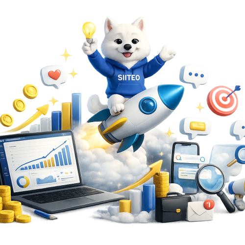 Mascotte chien blanc de SIITEO sur une fusée, entourée d'icônes marketing : graphiques, pièces, loupe, mégaphone et ordinateur portable